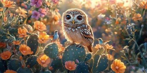 Malen Nach Zahlen Eule Malen Nach Zahlen Erwachsene Kaktus Malen Nach Zahlen Kinder Anfänger Bastelset mit Rahmen 70x140cm, 5D DIY Ölgemälde Kit für Zimmer Deko Wohnzimmer, Geschenke für Frauen