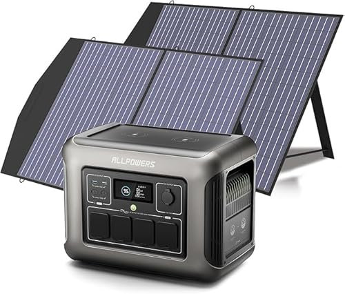 ALLPOWERS R1500 generador solar con 2 x 100W paneles solares plegables, 1152Wh LiFeP04 batería, 2 x 15W carga rápida inalámbrica, función UPS, 1500W entrada máxima, camping, al aire libre