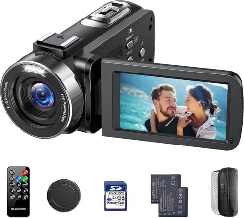 Videokamera 4K Camcorder , 42 MP Videorecorder für Vlogging YouTube 18X Digitalzoom 4K Webcam Camera mit 3-Zoll-Bildschirm um 270° drehbar Kompaktkamera für Reisen mit 2 Akkus, 32 GB-Karte, Fernbe