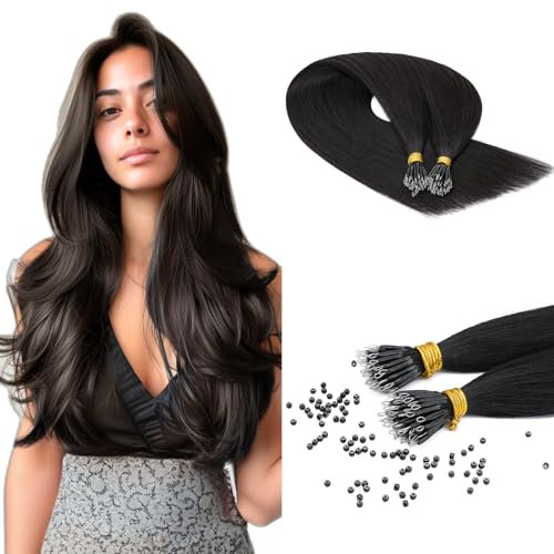 Benehair Nano Ring Hair Extensions Real Human Invisible Remy Straight #1B Natural Black Nano Hair Extensions 50 Strands 20 Inches (35g)