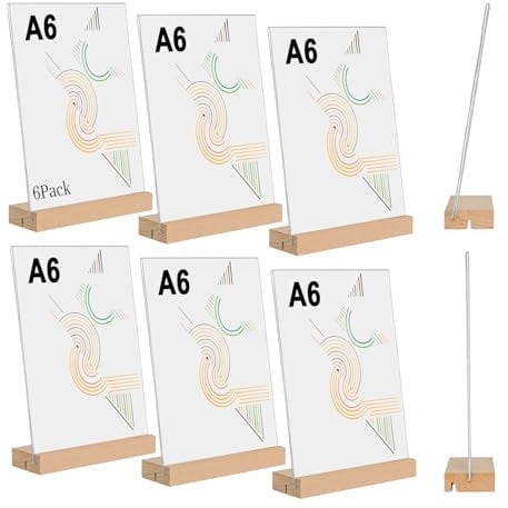 kiptyg 6 Pezzi Espositore Plexiglass A6 con Base in Legno-Porta Menu da Tavolo, Cartelli, Volantini-Doppia Funzione (Verticale/Inclinato) -Ideale per Ristoranti, Hotel, Uffici (10x15 cm)