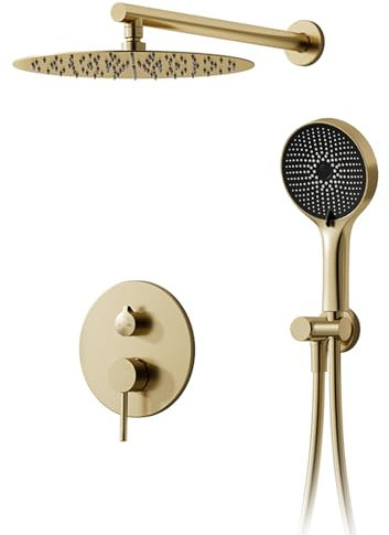 Duschsystem,Duschsystem Unterputz mit 40 x 40 cm Regendusche,Regendusche Unterputz Gebürstetes Gold,Selbstreinigende Kreisförmiger Hochdruck Duschkopf,Duscharmatur Unterputz Komplettset mit Handbrause