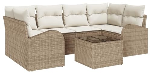 vidaXL 7-teiliges Garten-Sofaset mit Kissen in Beige aus Poly-Rattan – Coole und Bequeme Möbel für deinen Balkon oder die Terrasse. Modular und wetterfest, perfekt für entspannte Stunden.