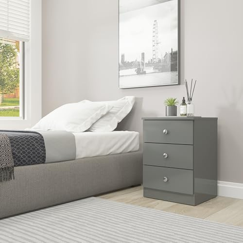 Seconique Denver 3 Drawer Bedside in Grey Gloss