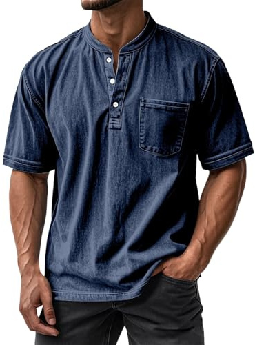 Camiseta de cuello redondo para hombre, camiseta básica con cuello redondo, corte regular, algodón, polo, manga corta, polo, transpirable, camiseta retro de golf, camiseta básica de verano, Azul