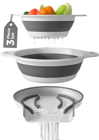 Coladores plegables (juego de 2) coladores de alimentos con base de drenaje de agua sobre el fregadero para frutas y verduras de pasta (4 y 5 cuartos de galón) - Blanco gris