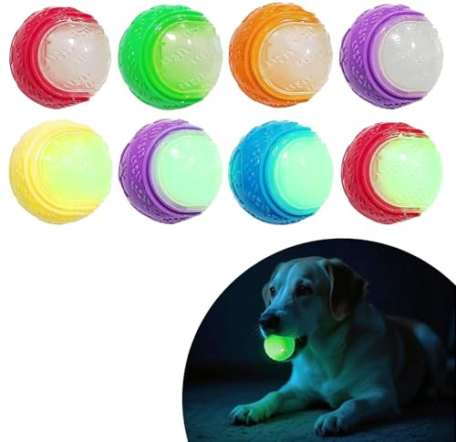 Qottmez 8Pcs Glow in The Dark Squeaky Dog Balls, Indestructible Durable Rubber Chew Toys for Aggressive Chewers, Teeth Cleaning Floating Balls for Dog Training, Night Play and Interactive Games