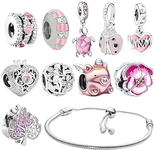 MOSNOW 10 Pcs Bracelet Charms Set, Pink Spacer Beads Charms for Bracelet Making, Pendants Beads Jewellery Gifts for Mom Women Girls