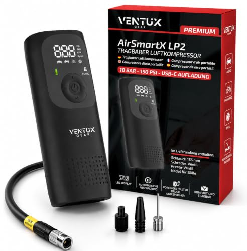 Kompressor Luft tragbar – 150 PSI wiederaufladbar USB-C LED-Display | Hartschalenbox · 5 Arbeitsmodi · Auto-Stopp · 155-mm-Schlauch · SOS-Lichtmodus · Conforme RoHS