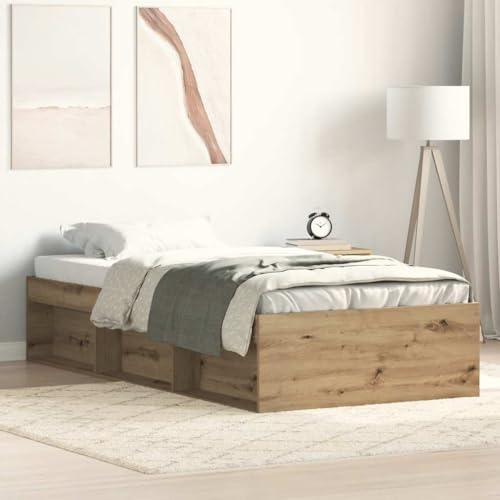 QUAHEAS Bettgestell 100x200cm Artisan-Eiche, Holzwerkstoff, Plattform-Design, Robustes Bett mit Stauraum, Sperrholzlatten, für erholsamen Schlaf