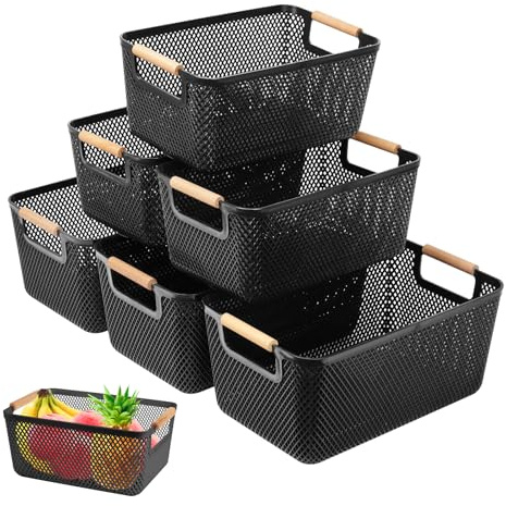 6 Pack Black Plastic Mesh Storage Baskets, Storage Box with Wooden Handles | Multi Purpose Organiser for Pantry, Kitchen, Bathroom, Office, Breathable, Stackable Portable Home Organisation Storage Bins