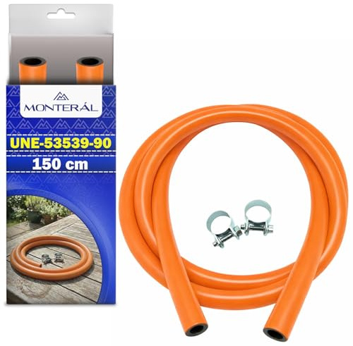 Flexible Butan Gasschlauch Gummi 150 cm mit 2 Stk Schellen | Geeignet für Geräte mit Butan oder Propan Arbeiten - Gas Schlauch Hergestellt nach Norm UNE-53539-90 - MONTERAL