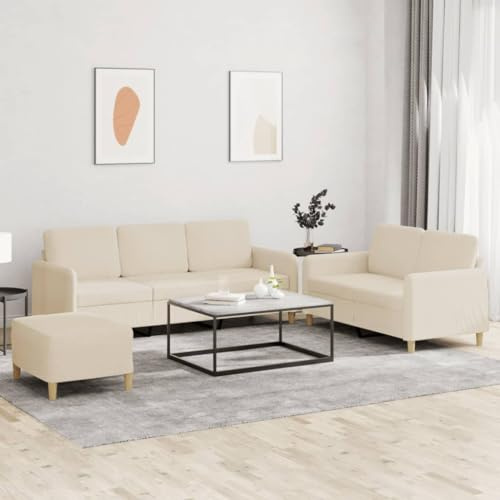 HFXHIJXQ Sofagarnitur 3-TLG. Creme mit Hocker 2er 3er Sofa Couchgarnitur aus strapazierfähigem Stoff für Wohnzimmer Büro Küche Schlafcouch Ersatz