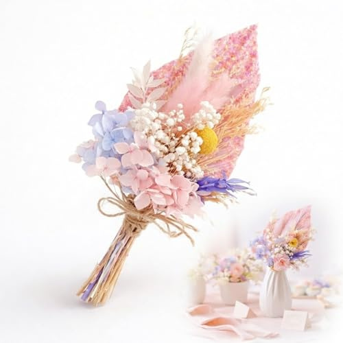 Pink Fan Flower Bouquet Cake Decoration Ornament - Bohemian Dried Flowers & Golden Palm Leaves Ready-to-Use Cake Topper for Weddings, Birthdays & DIY Projects, No Assembly Required