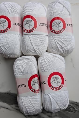 Pegasus 100% Cotton DK Yarn, White, 100g Balls, 5 Pack