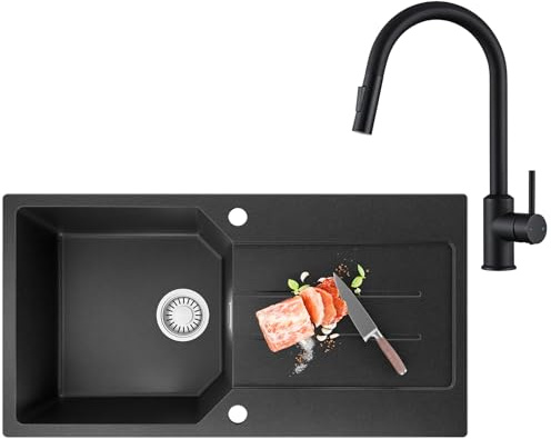 ANYCEE 86 x 45 cm Lavello Granito con Gocciolatoio e U Rubinetto Estraibile | Lavandino Cucina Nero 1 Vasca con Gocciolatoio, Lavello Nero per Mobile di Base di Oltre 50cm