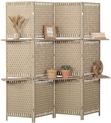 HOMCOM 4-Panel Room Divider with Storage Shelves Wave Fibre 180 cm, Natural | Freestanding Folding Privacy Screen Panels, Partition Wall Divider, for Indoor, Bedroom, Office
