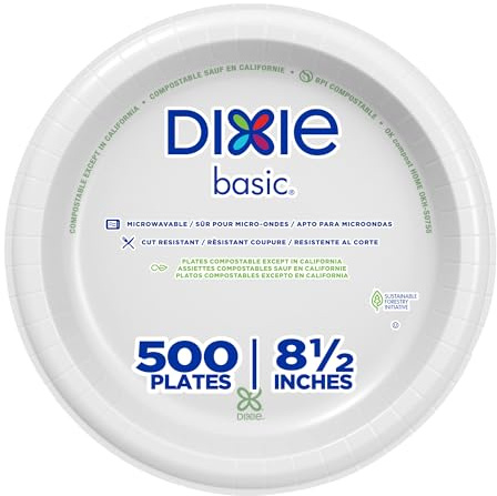 Dixie Basic 8.5 Inch Light-Weight Paper Plates By GP PRO, White, 500 Count (125 Disposable Plates Per Pack, 4 Packs Per Case), DBP09W