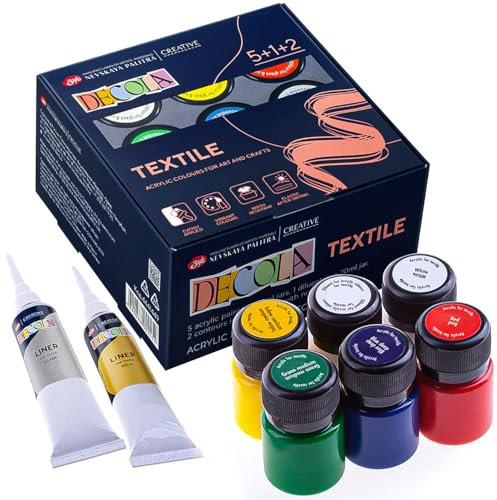 Decola Set Pintura Textil Acrilica | 5x20ml + 2x18 ml +1 Colores por Ropa Resistentes En Lavadora | Hechos da Nevskaya Palitra