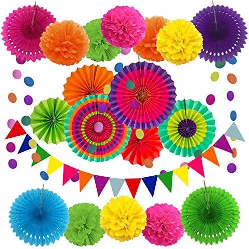 ZERODECO Party Dekoration Papier Pompoms, Aufhängen Fächer, Dreieckige Wimpel und hängende Glitter Punkt Girlande für Party Hochzeit Geburtstag Festival Weihnachten Event Mexikanische Fiesta 21 Stück