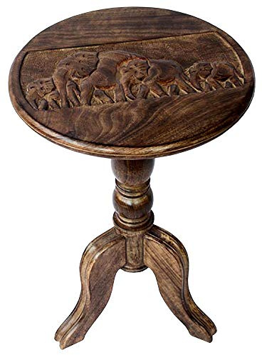 Once A Tree 56cm Round Side End Wine Lamp Pedestal Table Mango Wood Hand Carved Elephant Design