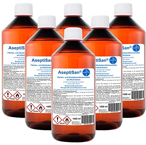AseptiSan - VAH gelistet - 6 x 1000 ml Flächen- und Händedesinfektionsmittel Pharmazentral-Nr-16613733 Nachfüllflasche HERRLAN Qualität Made in Germany