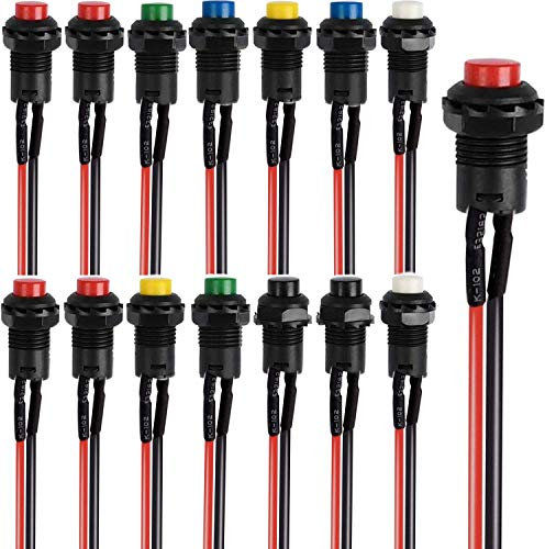 RUNCCI-YUN 14pcs Pulsador 12mm Eléctrico, Botón Mini Redondo, Interruptor Momentáneo 12V Para Trompeta De Coche, PC, Lámpara De Mesa, Timbre De Casa (Con Línea)