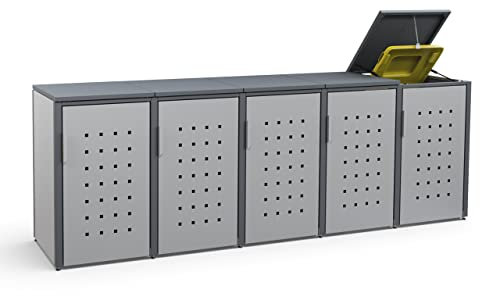 MEISTERBOX – 5er Mülltonnenbox Mülltonnenverkleidung mit Klappdach - 120L - Korpus Signalgrau/Pfosten & Dach Anthrazit