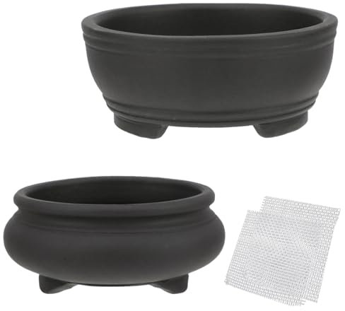 Bonsai-Pflanzgefäß, 2 Stück, 9,9 cm + 10,4 cm, unglasiert, rund, Keramik, Sukkulententententopf-Set