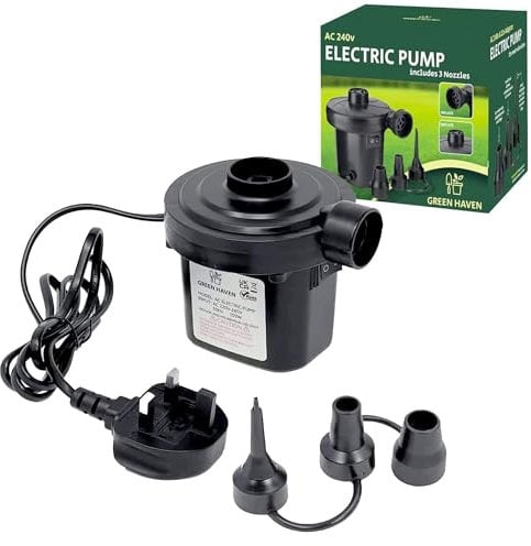GREEN HAVEN Electric Air Pump for Inflatables – Fast Inflate & Deflate with 3 Nozzles | AC Pump for Air Beds, Camping, Paddling Pools | 240V 150W