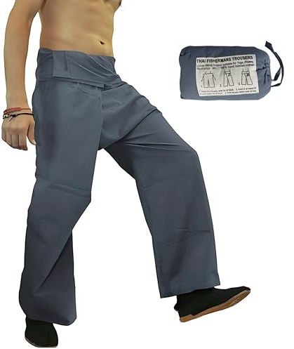 Thai Fisherman Pants,100% Cotton Adjustable Wrap Trousers, Fits S/M/L, Lightweight Yoga Meditation Packed in Cotton Bag – Beach, Travel, Relaxed Fit (Grey Blue)