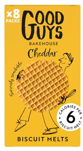 Good Guys Cheddar 8xPacks. Real Cheese, 40% Less Fat. Tasty, Melty, Low Calorie Snacks Biscuits. Healthy Cheddars crackers. 8x50g packs - 39 biscuits per pack