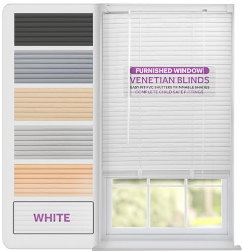 FURNISHED Venetian Blinds Window 25mm PVC Shades - White 200W x 150L cm | Venetian blind easy fit shutters trimmable for home kitchen windows treatment complete child safe fittings