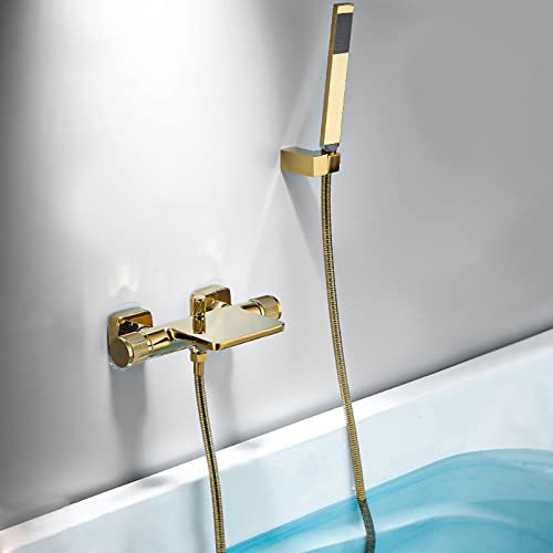 Badewannenarmatur Wasserfall Dusch Armaturen Wand Wanne Armatur Mischbatterie Badewanne Doppelgriff Multifunktion Badarmatur Badewanne Mit Dusche,Gold