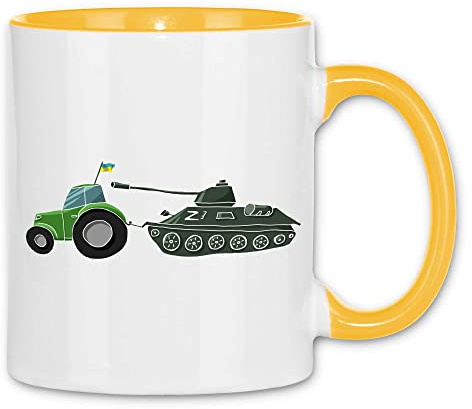 wowshirt Tasse Selenskyj Ukrainische Flagge Ukraine Traktor Schleppt T-72 Panzer, Farbe:White - Yellow