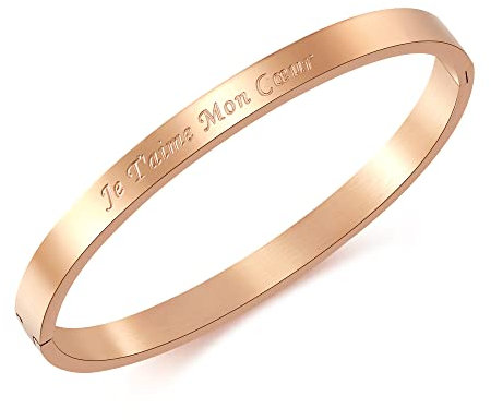 RWQIAN Inspirational Phrases Jonc Bracelet Message Femme Personnalisé Bracelet Plusieurs Messages au Choix,Jonc Fin en Acier Inoxydable Je T'aime Mon Cœur Bracelet Couleurs Or Rosé
