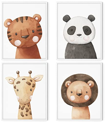 HappyArts® | Kinderzimmer Bilder A4 Poster 4er Set Deko Mädchen Junge Babyzimmer | Handgemalte Skandinavische Tiere Safari Löwe Tiger OHNE RAHMEN