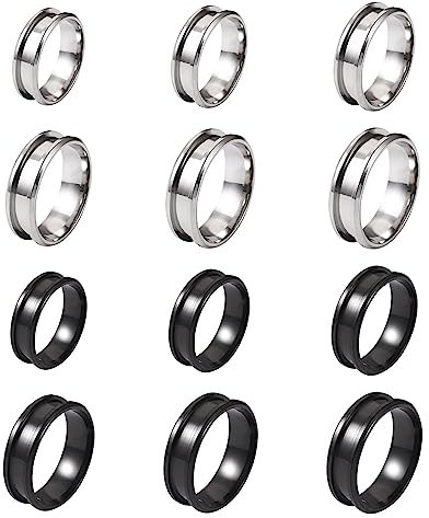 PandaHall 12 Stück Edelstahl Inlay Ring Kern Rohlinge 17 ~ 22 mm rund gerillt Fingerring für Inlay Ring Schmuckherstellung Männer Frauen Gunmetal & Edelstahl Farbe
