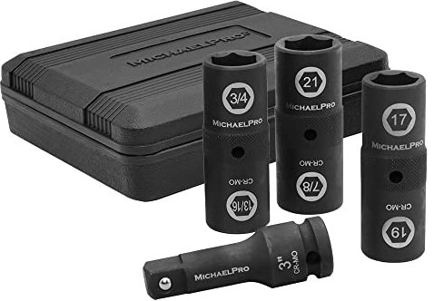 MichaelPro MP005022 1/2-inch Drive Impact Flip Lug Nut Socket Set, Includes 17mm, 19mm, 21mm Metric Sizes & 3/4-Inch,13/16-Inch, 7/8-Inch SAE Sizes, Chrome Moly Steel for Lifetime Use