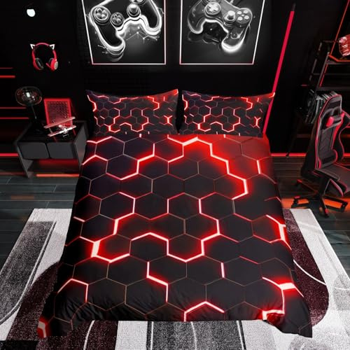 Homewish Honeycomb Bedding Set Super King Red Black Geometric Duvet Cover Neon Glitter Hexagon Comforter Cover For Kids Boys Teen Men Soft Lightweight Quilt Cover Bedroom Dorm Decor
