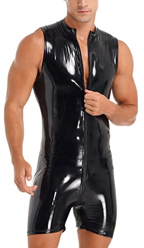 JEATHA Herren Leder Overall Kurz Jumpsuit Wetlook Ärmellos Body Bodysuit mit Reißverschluss Kuntleder Männerbody Boxershorts Lack-Optik Unterhemd Clubwear Schwarz A M