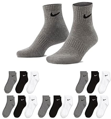 Nike 6-18 paires de chaussettes de sport courtes pour homme et femme Blanc Noir Taille 34 36 38 40 42 44 46 48 50 SX7677 Taille : 42-46 Couleur des chaussettes : 5 paires blanches – 5 paires grises –
