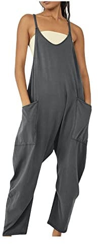 AMhomely Women's Dungarees Vintage Floral Printed Loose Casual Baggy Sleeveless Overall Long Jumpsuit Playsuit Trousers Pants Romper, 5 Gray, XXL