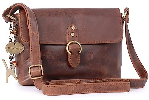 Catwalk Collection Handbags - Petit Sac Bandoulière Femme en Cuir Vintage - Sac Besace - Sac Porté Croisé Avec Bandoulière Réglable - FREYA - Marron