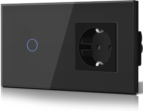 BSEED Lichtschalter mit Schuko Steckdose Glas, unterputz, 16 Amp CEE steckdosentresor, 1 Fach 1 Weg Touch Wandleuchtenschalter Schwarz