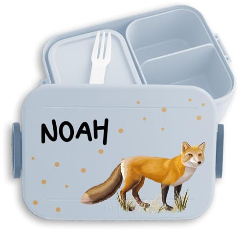 Kinder Bento Box Midi Lunchbox für Mepal Bentobox - Fuchs Fox Füchsin Fuchsmotiv - 900 ml - Hellblau - brotdose füchse kinderbrotdosen personalisierte waldtiere lunch personalierte name pausenbox