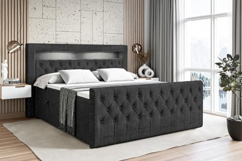 ALTDECOR Boxspringbett mit Matratze und Lattenrost, LED Boxbett, Topper, Fußteil, Polsterbett mit Bettkasten, Bett mit Stauraum H4-Matratze, Doppelbett - Aurora - 180x200 - Schwarz Samt