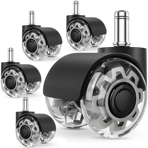 POWZOO Ruedas para Silla Oficina,5 Piezas Ruedas Silla Oficina(11 x 22 mm),360 grados rotación sin arañazos,Silencioso,Diseño de Rueda Doble,para silla gaming,sillas oficina,para Todo Tipo de Suelos.