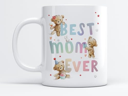 EKAM Tea Mug Gift for Mother’s Day “Best Mom Ever with Cute Three Teddy Bears Lovely Gift for Mom's Birthday (11oz Mug)