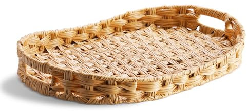 NiHome Vassoio da portata in vimini sintetico con manici, vassoio decorativo ottomano per colazione, tavolino da caffè, soggiorno, bagno, struttura in metallo, rattan sintetico intrecciato a mano